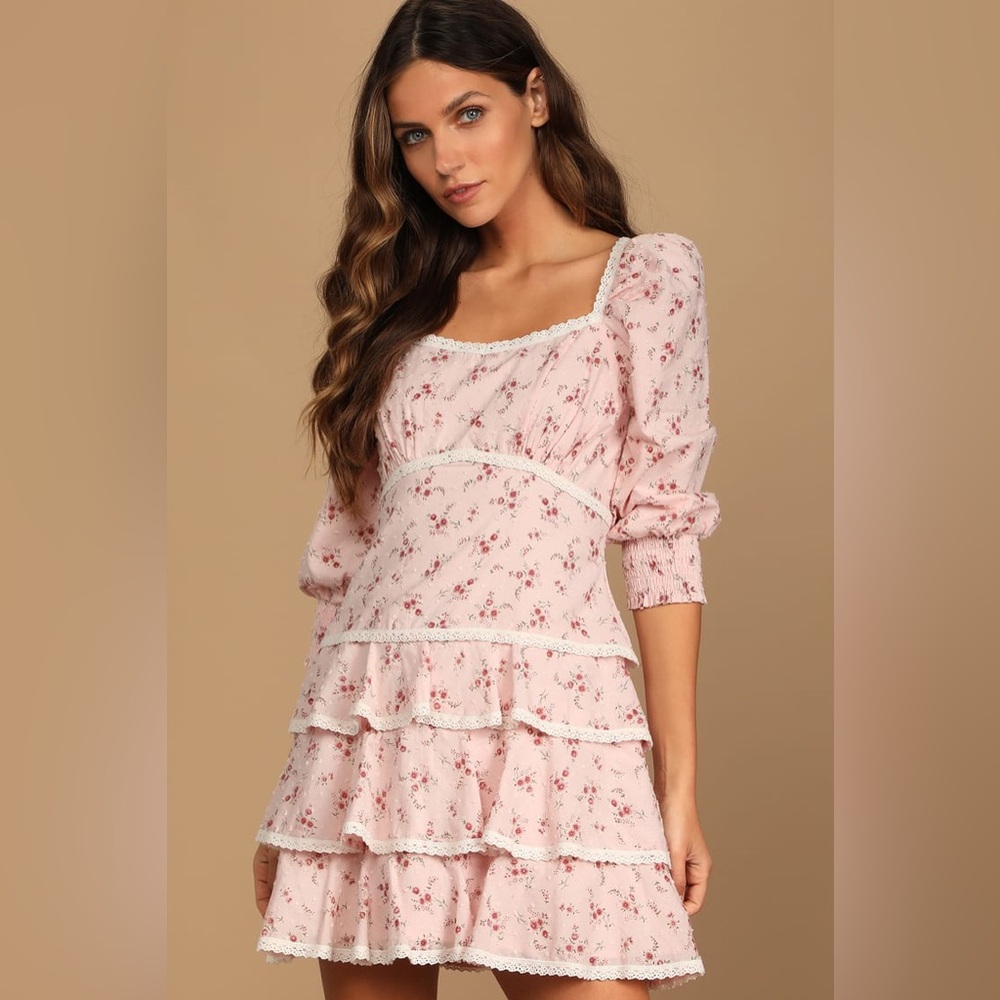Lulus Lasting Bliss Pink Floral Print Ruffled Square Neck Mini Dress NWOT